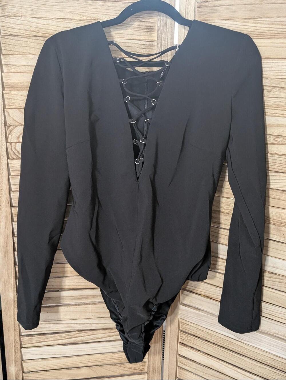 Zara Womens Body Suit XL Black Scuba Long Sleeve Shirt Top